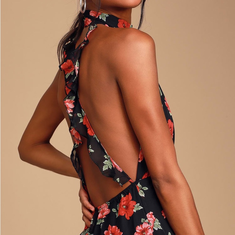 Lulu's Floral Print Chiffon Halter Maxi Dress, Backless - M - Picture 2 of 12